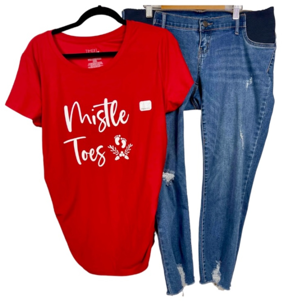 Indigo Blue Jeans & NWT Time & Tru Mistle Toes Red Tee, Maternity Set, Sz Medium